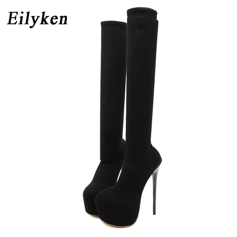 Knee High Sock Women - Eilyken-膝上の女性用ブーツ,丸いつま先の黒のニットシューズ,ハイ,ロングソックス,17cm,冬