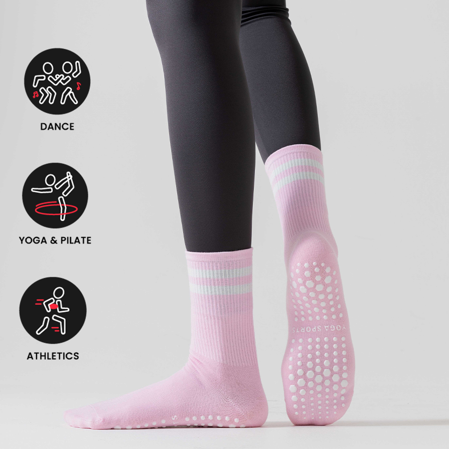 Grip Sock Yoga - ミッドレングスの女性用滑り止めソックス、ダブルストライプのプラティヨガソックス、フィットネス滑り止めソックス、バレエソックス、スポーツソックス