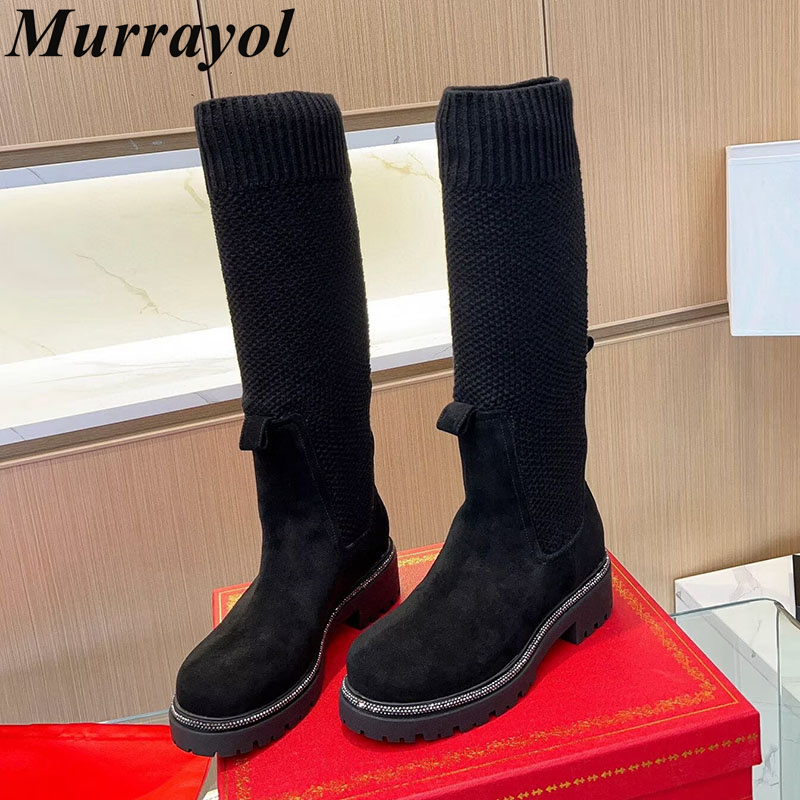 ニーハイブーツ 秋冬 スエード フラット 厚底 ソックスブー - Knee High Sock Women のレビューと価格