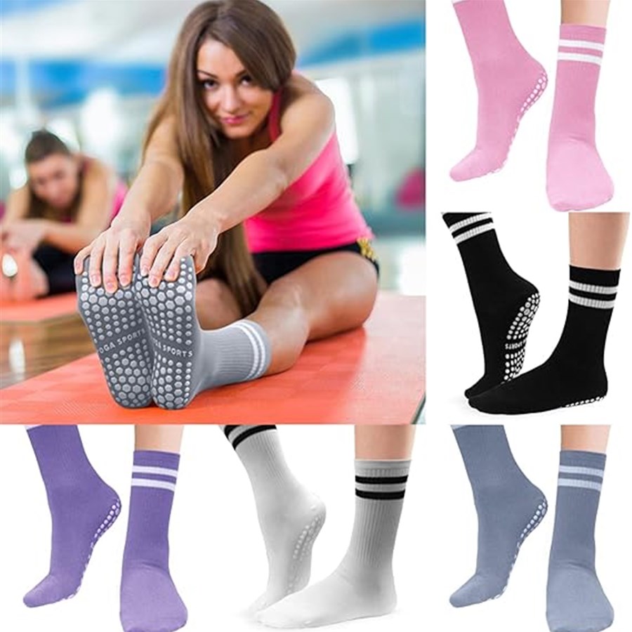 ミッドレングスの女性用滑り止めソックス、ダブルストライプのプ - Grip Sock Yoga のレビューと価格